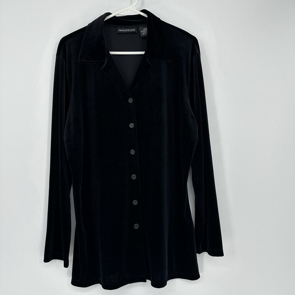 Impressions Black Velvet Button Front Tunic Top Womens L Soft Grunge Boho Glam - Picture 2 of 10